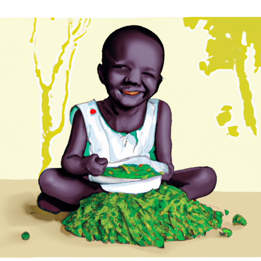 ילד מתת תזונה אוכל בשמחה ארוחה המכילה מורינגה, ומדגים את הפוטנציאל שלו במאבק ברעב