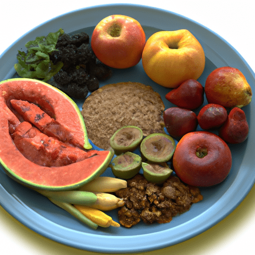 צלחת צבעונית של פירות, ירקות ודגנים מלאים המייצגים תזונה עשירה בסיבים