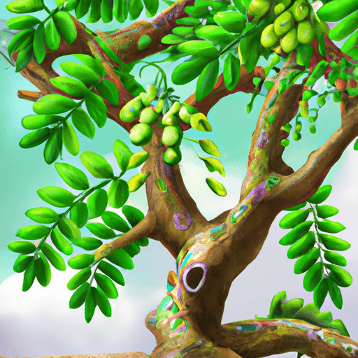עץ מורינגה תוסס עם עלים ירוקים ותרמילים, המסמלים את החיוניות והרבגוניות שלו