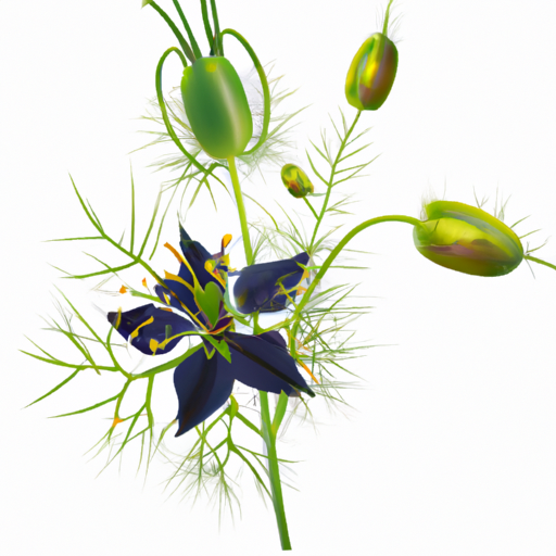 איור של צמח Nigella Sativa ממנו מופק שמן זרעים שחורים.