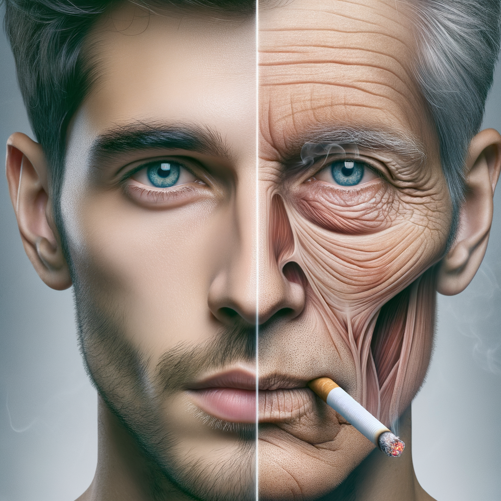 Close-up comparison of a human face showing the harmful effects of smoking on skin health, illustrating skin damage, premature aging, and wrinkles caused by smoking.