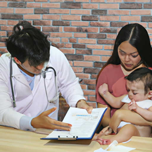 תמונה של הורים מודאגים מתייעצים עם רופא ילדים לגבי תפרחת החיתולים של תינוקם