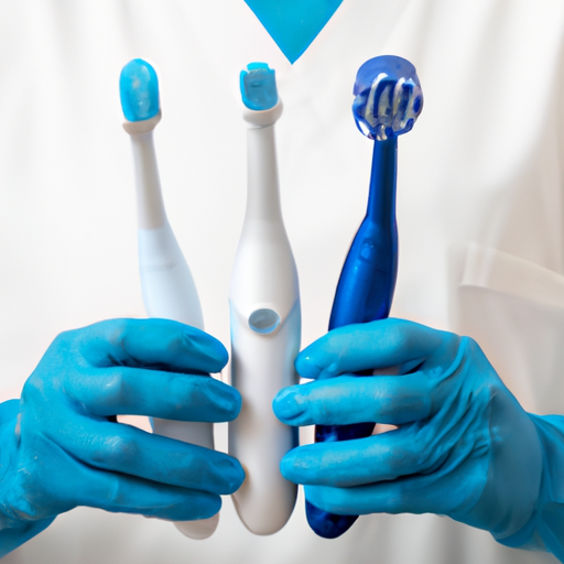 7. תמונה של רופא שיניים אוחז במברשות שיניים ידניות וחשמליות, מוכן לשימוש.